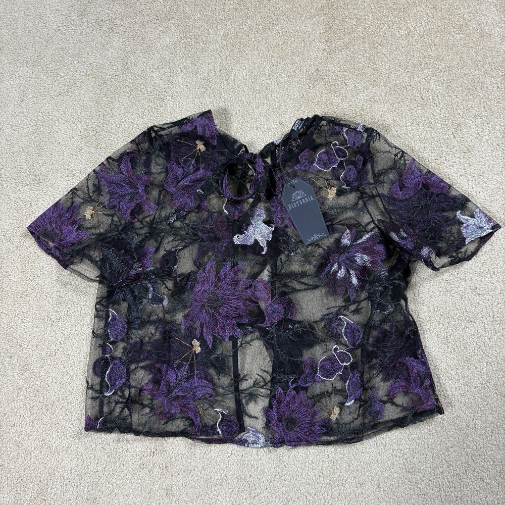 NWT Disturbia Estrid Embroidered Mesh Tie Back Blouse Top - Sz 10 - Picture 4 of 11